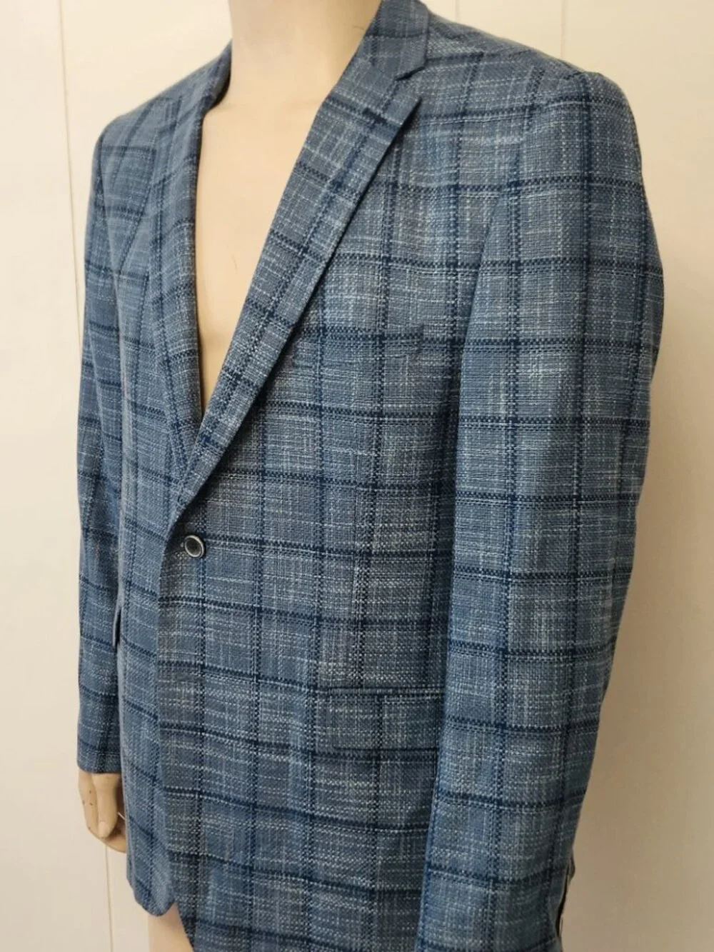 blue plaid sport coat 42R men's Tom James two button jacket